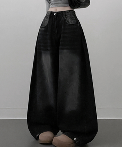 턴브사이드핀턱스냅와이드워싱데님롱팬츠 블랙