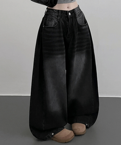 턴브사이드핀턱스냅와이드워싱데님롱팬츠 블랙