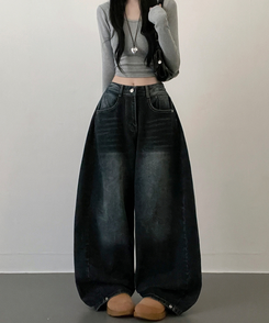 턴브사이드핀턱스냅와이드워싱데님롱팬츠 그레이