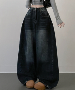 턴브사이드핀턱스냅와이드워싱데님롱팬츠 그레이