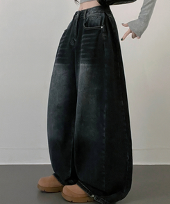 턴브사이드핀턱스냅와이드워싱데님롱팬츠 그레이