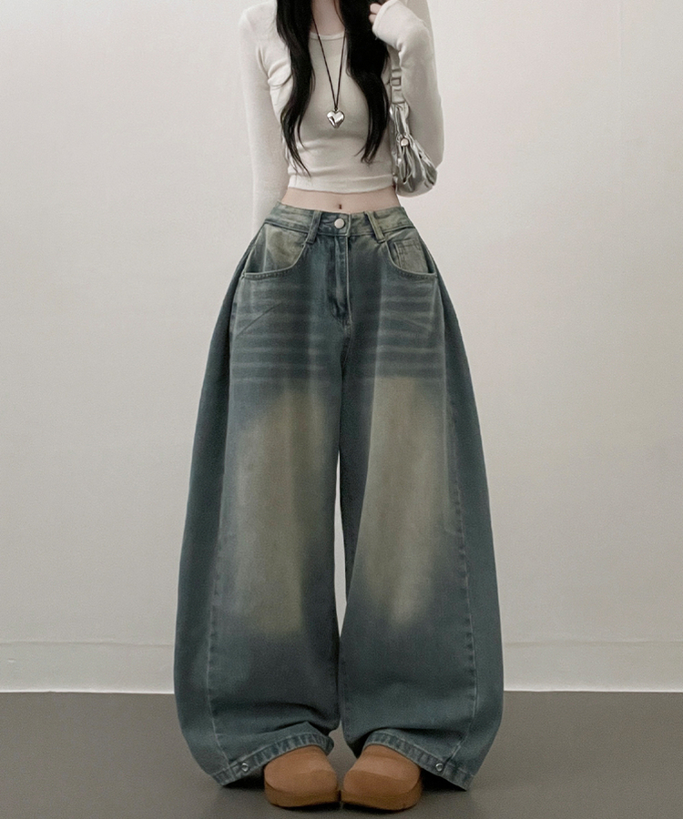 턴브사이드핀턱스냅와이드워싱데님롱팬츠 연청