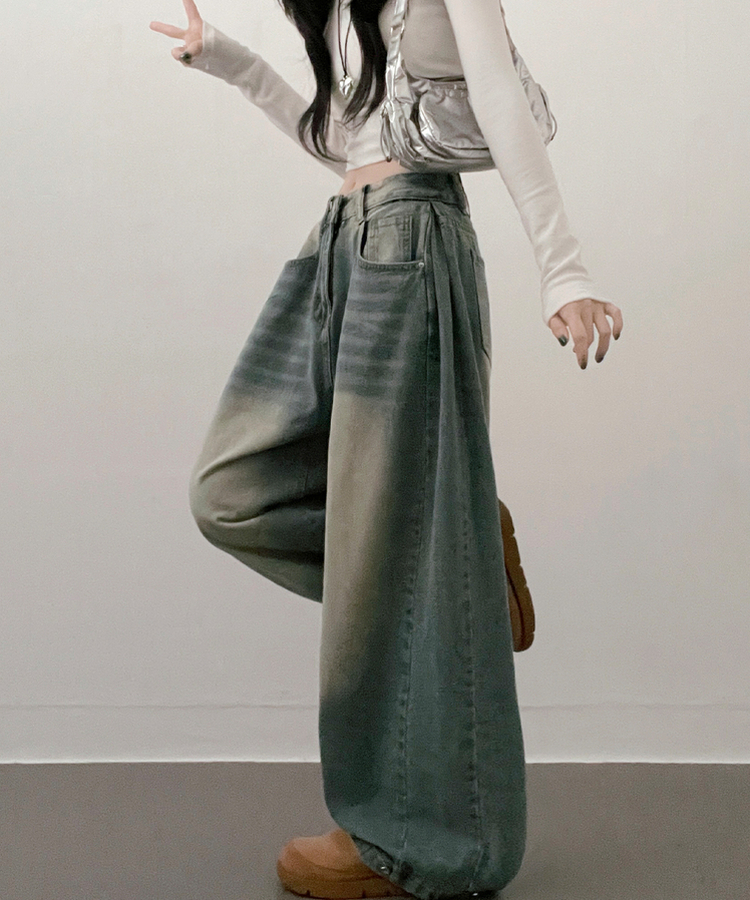 턴브사이드핀턱스냅와이드워싱데님롱팬츠 연청