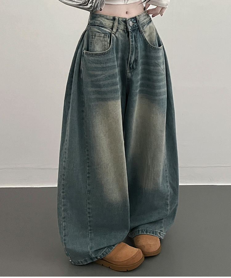 턴브사이드핀턱스냅와이드워싱데님롱팬츠 연청