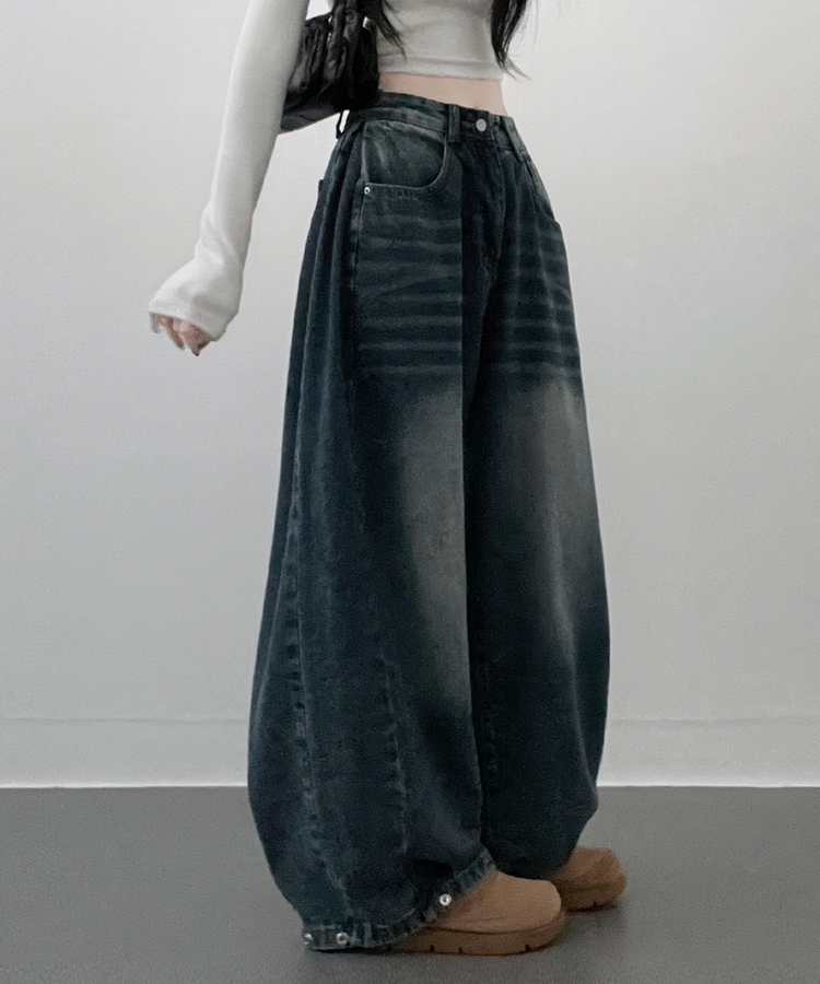 턴브사이드핀턱스냅와이드워싱데님롱팬츠 진청