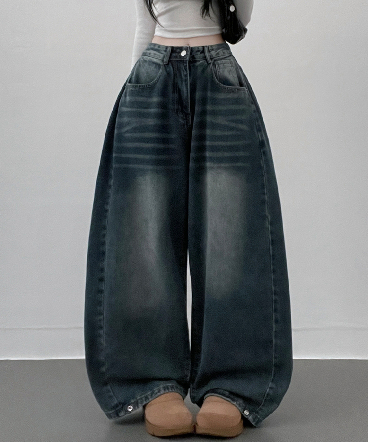 턴브사이드핀턱스냅와이드워싱데님롱팬츠 진청