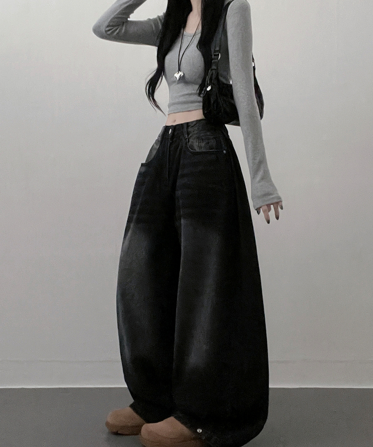 턴브사이드핀턱스냅와이드워싱데님롱팬츠 블랙