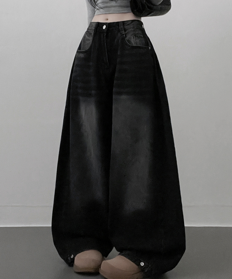 턴브사이드핀턱스냅와이드워싱데님롱팬츠 블랙