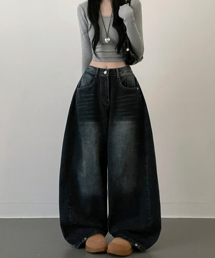 턴브사이드핀턱스냅와이드워싱데님롱팬츠 그레이