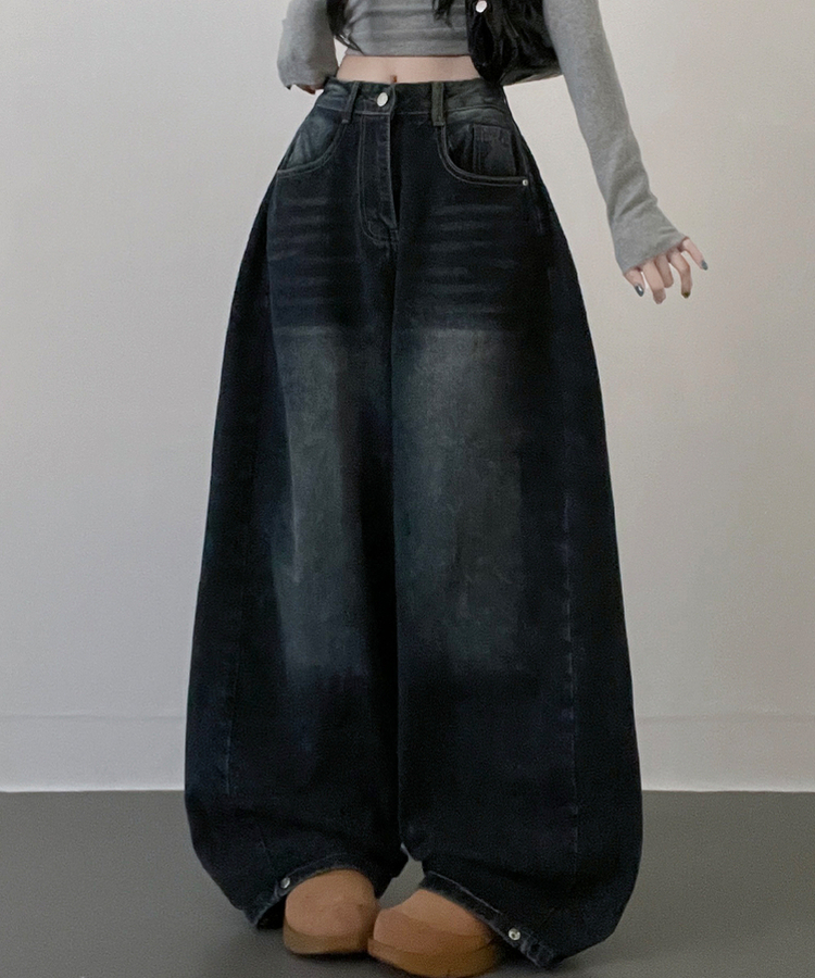 턴브사이드핀턱스냅와이드워싱데님롱팬츠 그레이