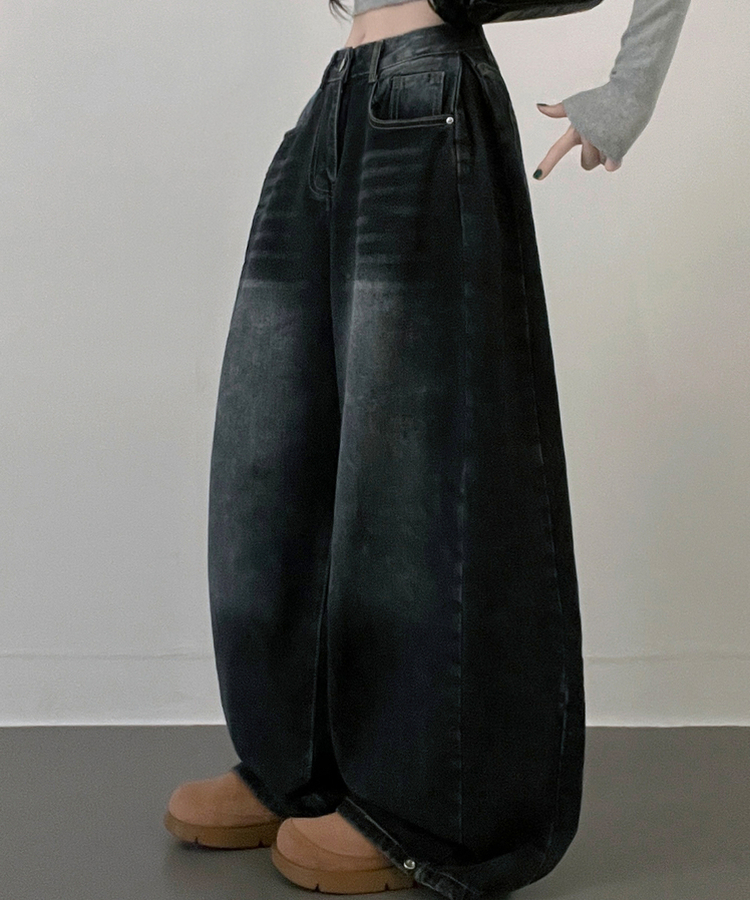 턴브사이드핀턱스냅와이드워싱데님롱팬츠 그레이