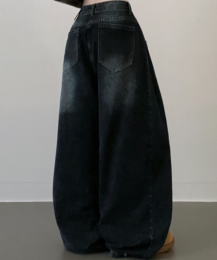 턴브사이드핀턱스냅와이드워싱데님롱팬츠 그레이