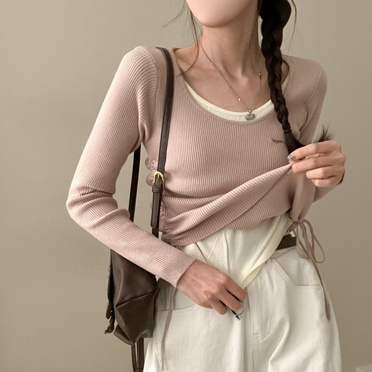 레지 셔링 레터링 자수 두겹 일체형 골지 니트 핑크