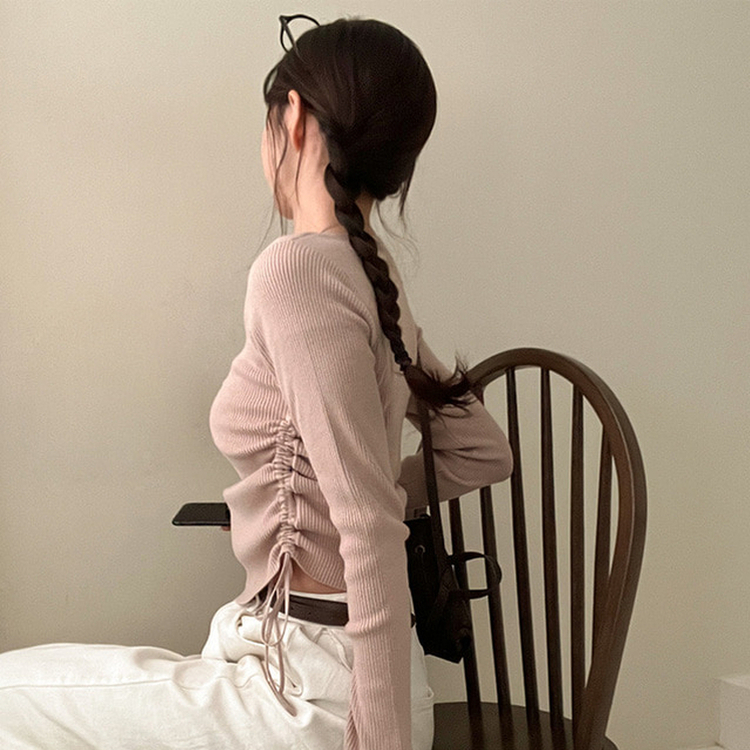 레지 셔링 레터링 자수 두겹 일체형 골지 니트 핑크