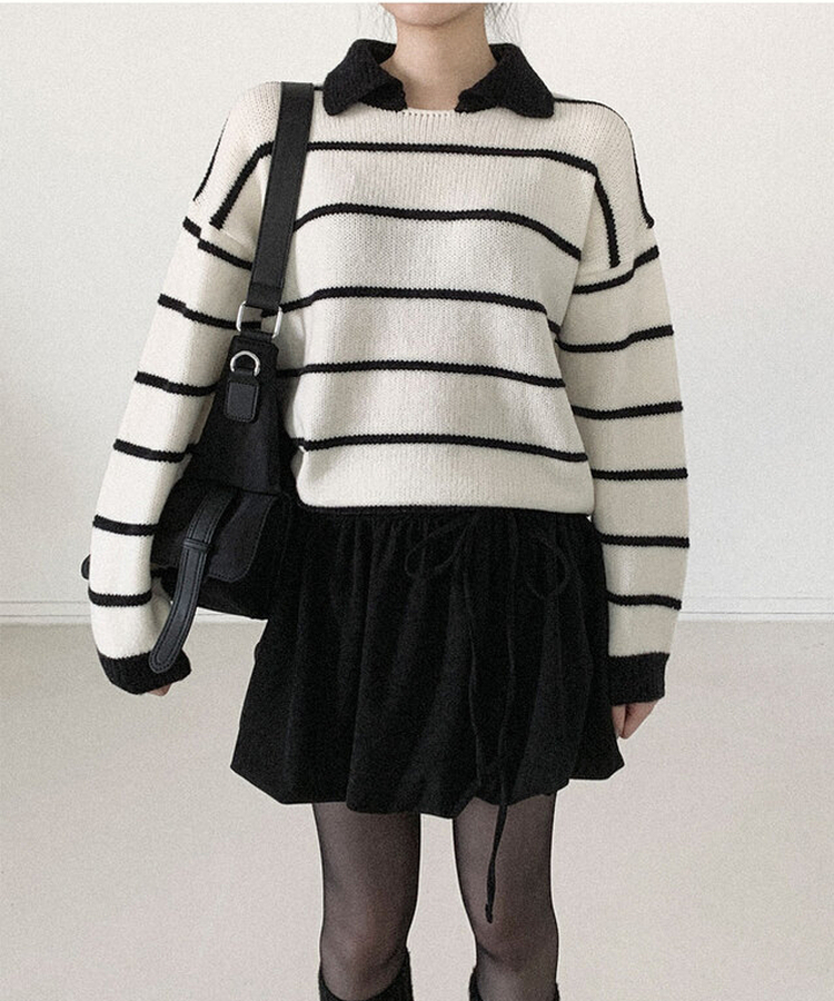 ストライプバイカラーカラーニット(6color) BLACK+IVORY