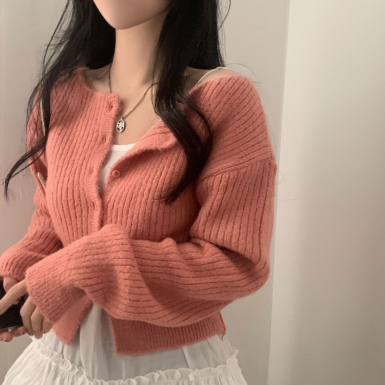 데일리 유넥 버튼 니트 가디건 5color 핑크