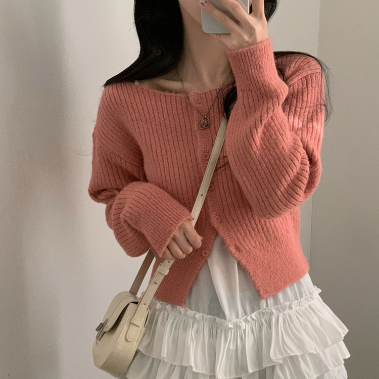 데일리 유넥 버튼 니트 가디건 5color 핑크