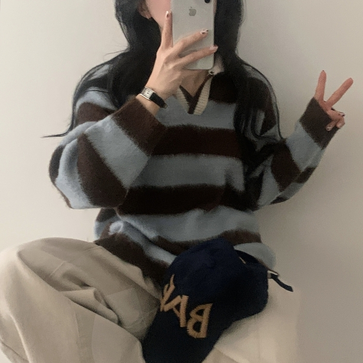 수푸 스트라이프 루즈핏 카라 니트 4color 브라운