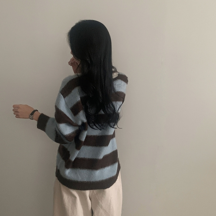 수푸 스트라이프 루즈핏 카라 니트 4color 브라운