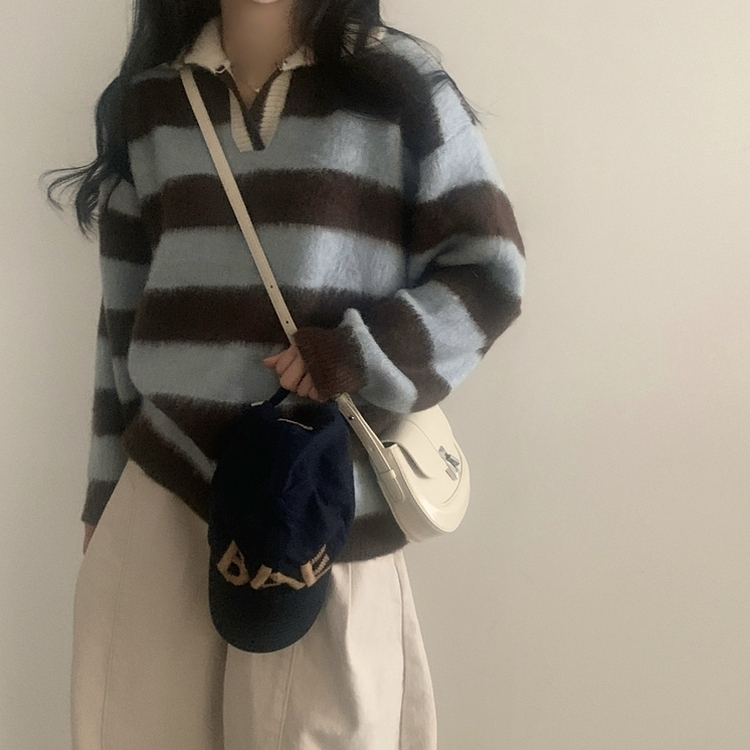 수푸 스트라이프 루즈핏 카라 니트 4color 브라운