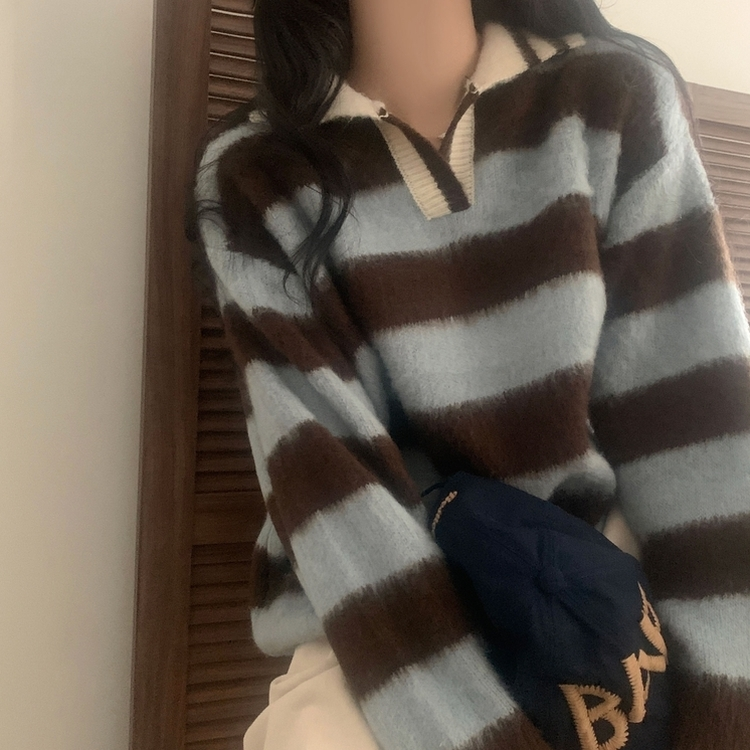 수푸 스트라이프 루즈핏 카라 니트 4color 브라운