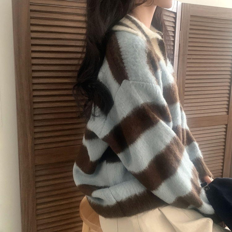 수푸 스트라이프 루즈핏 카라 니트 4color 브라운