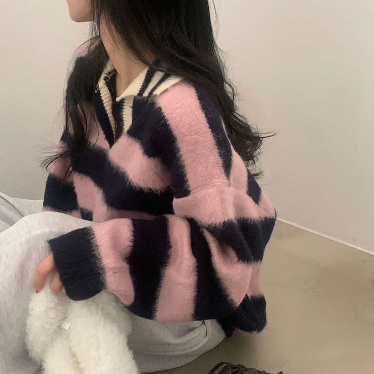 수푸 스트라이프 루즈핏 카라 니트 4color 핑크