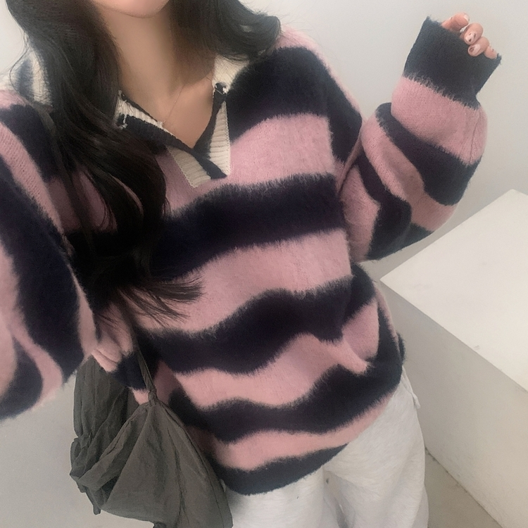 수푸 스트라이프 루즈핏 카라 니트 4color 핑크