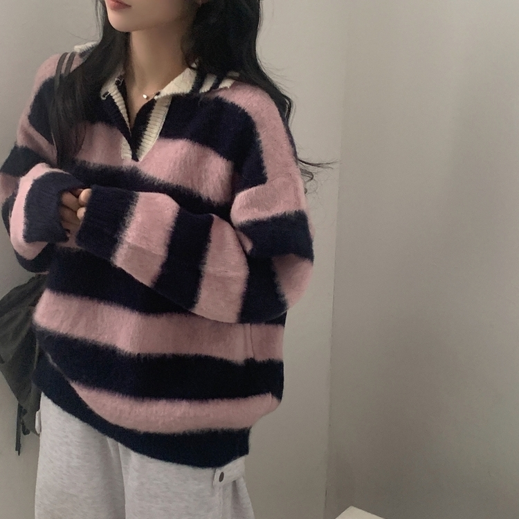 수푸 스트라이프 루즈핏 카라 니트 4color 핑크