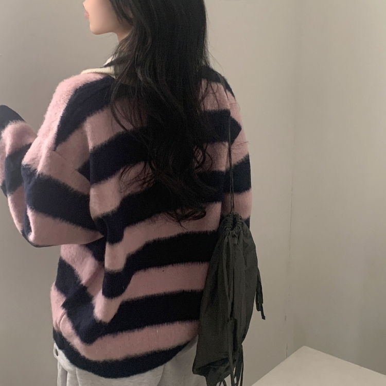 수푸 스트라이프 루즈핏 카라 니트 4color 핑크