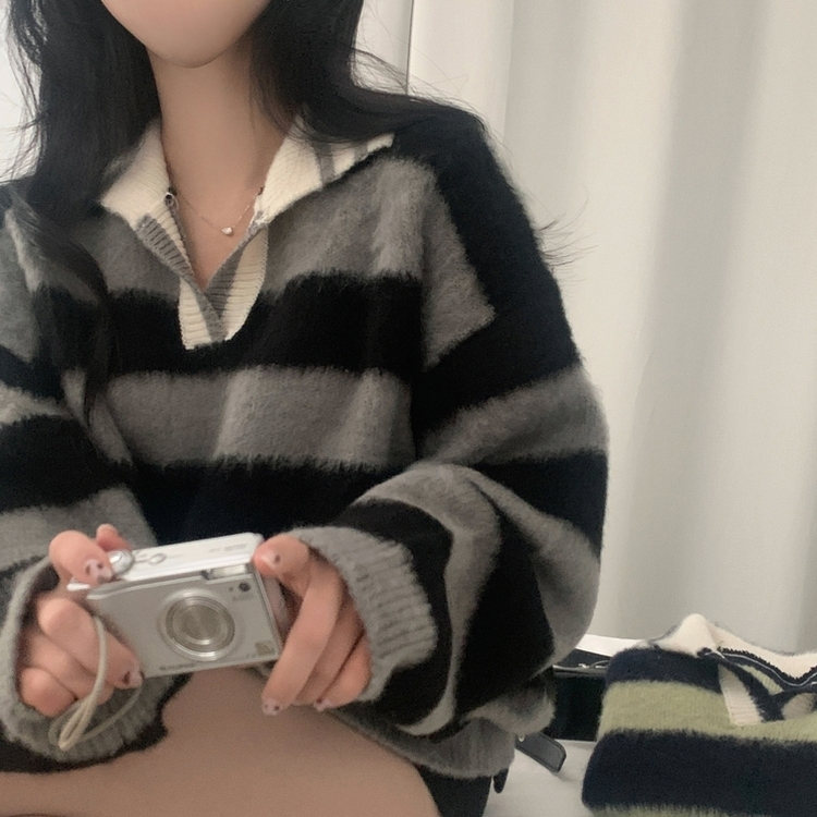 수푸 스트라이프 루즈핏 카라 니트 4color 그레이