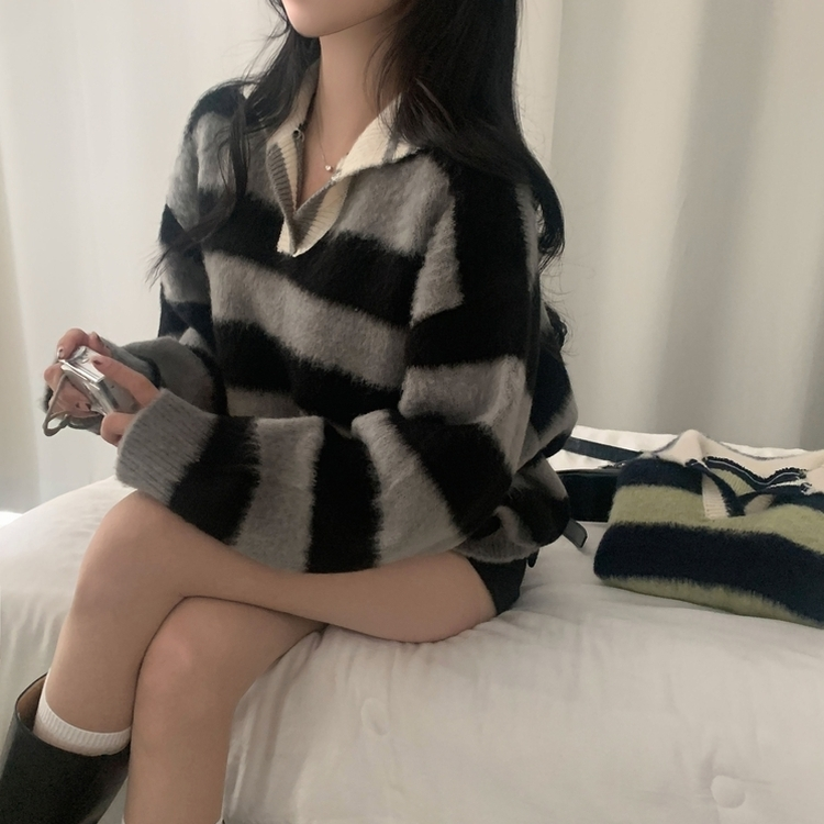 수푸 스트라이프 루즈핏 카라 니트 4color 그레이