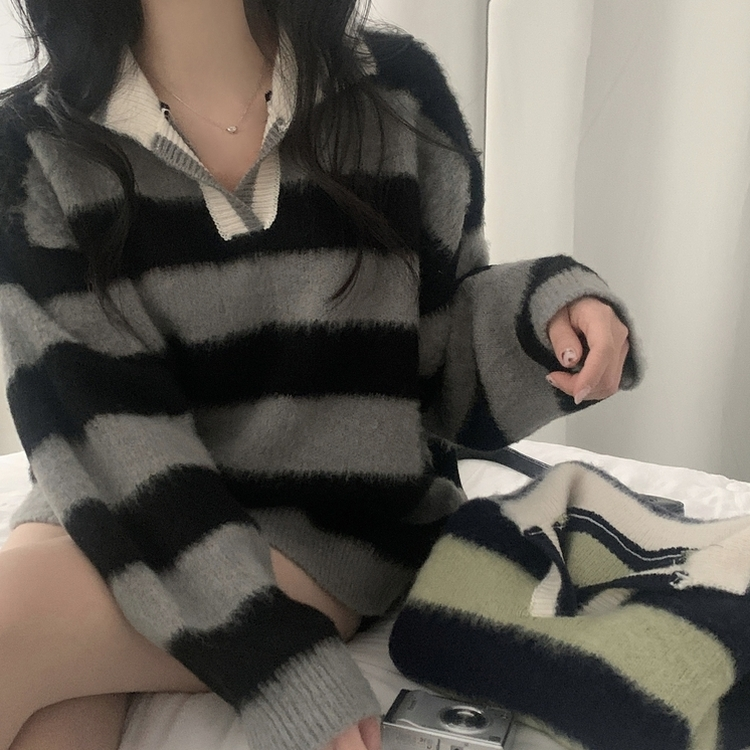 수푸 스트라이프 루즈핏 카라 니트 4color 그레이