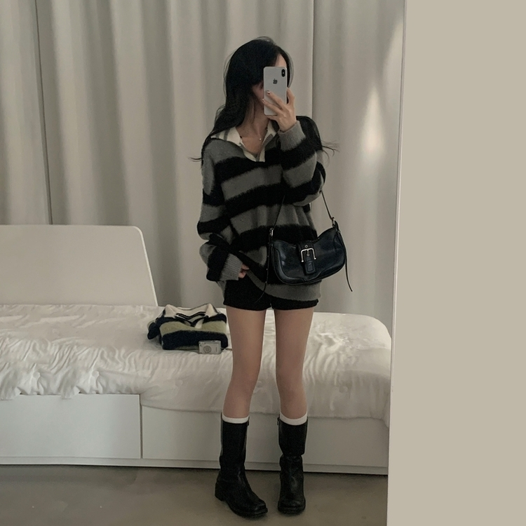 수푸 스트라이프 루즈핏 카라 니트 4color 그레이