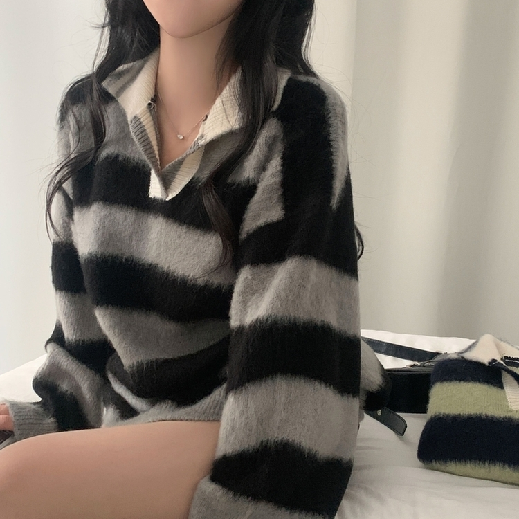 수푸 스트라이프 루즈핏 카라 니트 4color 그레이