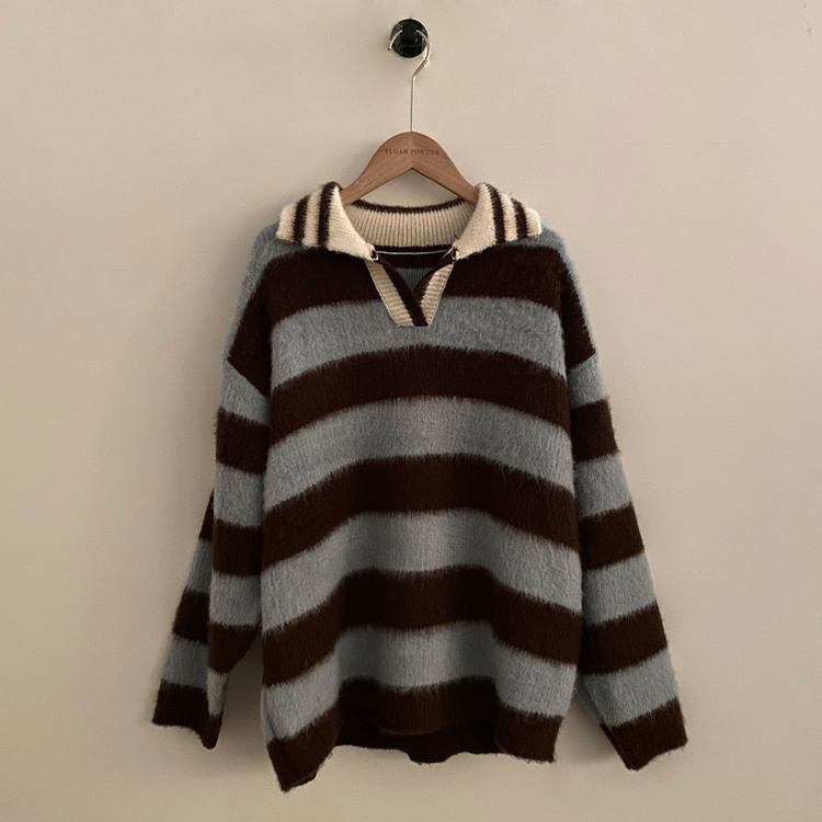 수푸 스트라이프 루즈핏 카라 니트 4color