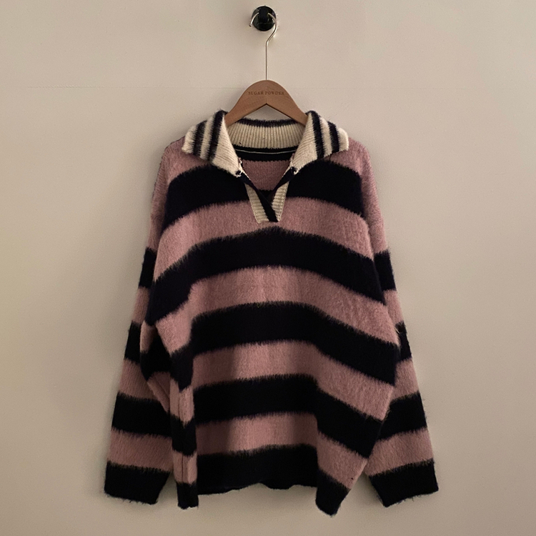 수푸 스트라이프 루즈핏 카라 니트 4color