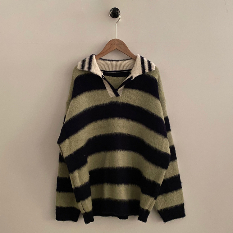 수푸 스트라이프 루즈핏 카라 니트 4color