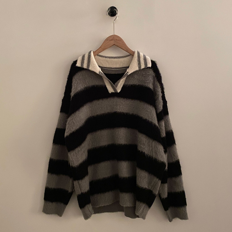 수푸 스트라이프 루즈핏 카라 니트 4color