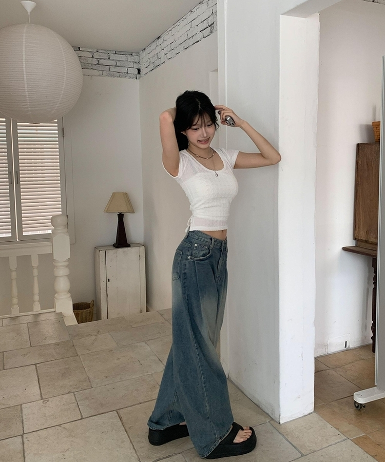 Uネックストラップ半袖Tシャツ IVORY
