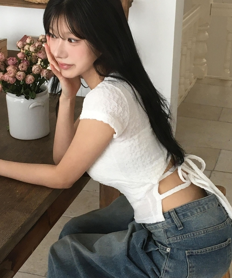 Uネックストラップ半袖Tシャツ IVORY