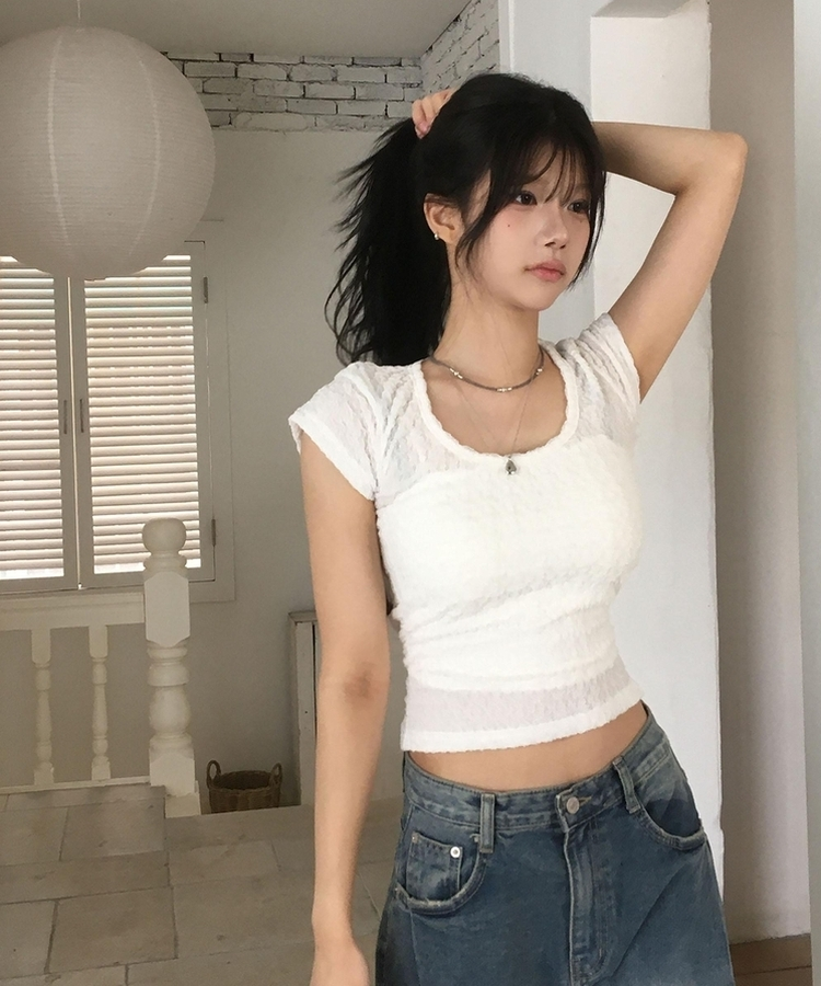 Uネックストラップ半袖Tシャツ IVORY
