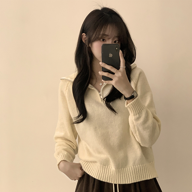 새콤달콤 겨울 카라 반집업 세미 크롭 오버핏 긴팔 폴라 캐주얼 기본 니트 4color 아이보리