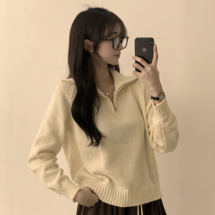 새콤달콤 겨울 카라 반집업 세미 크롭 오버핏 긴팔 폴라 캐주얼 기본 니트 4color 아이보리