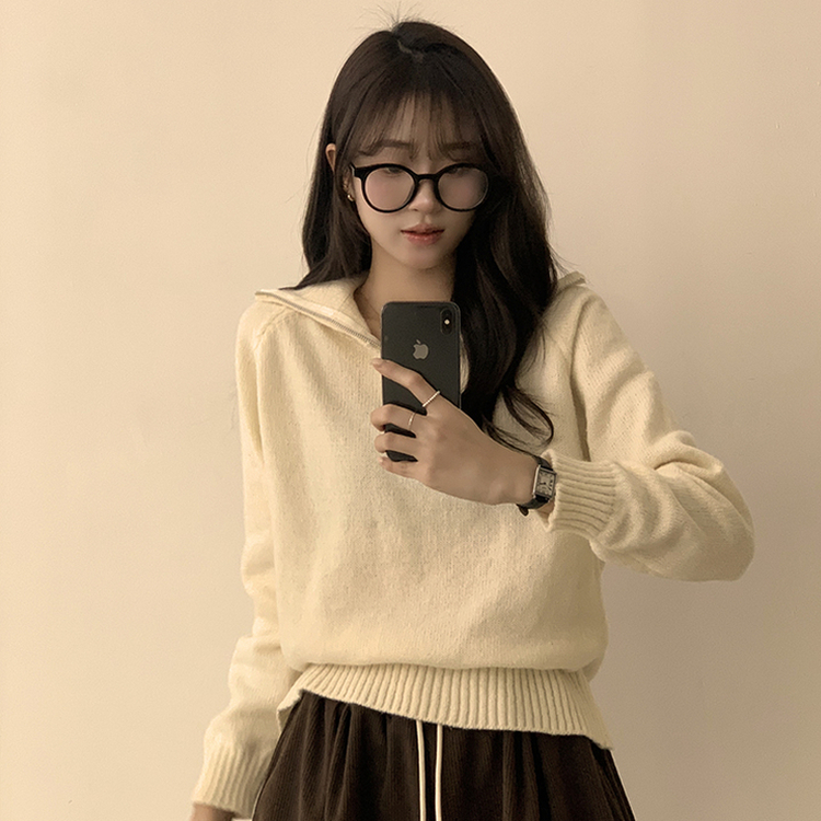 새콤달콤 겨울 카라 반집업 세미 크롭 오버핏 긴팔 폴라 캐주얼 기본 니트 4color 아이보리