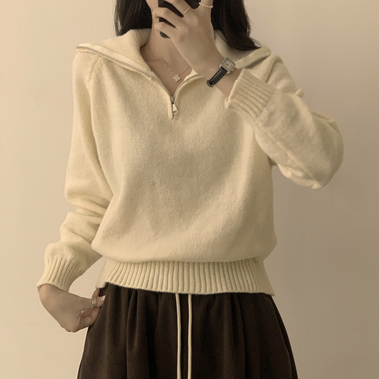 새콤달콤 겨울 카라 반집업 세미 크롭 오버핏 긴팔 폴라 캐주얼 기본 니트 4color 아이보리