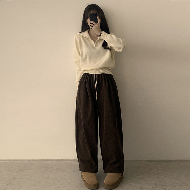 새콤달콤 겨울 카라 반집업 세미 크롭 오버핏 긴팔 폴라 캐주얼 기본 니트 4color 아이보리