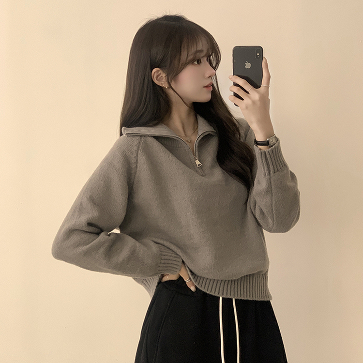 새콤달콤 겨울 카라 반집업 세미 크롭 오버핏 긴팔 폴라 캐주얼 기본 니트 4color 그레이