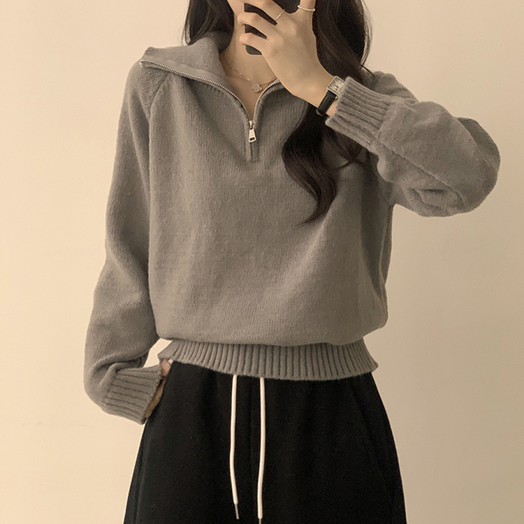 새콤달콤 겨울 카라 반집업 세미 크롭 오버핏 긴팔 폴라 캐주얼 기본 니트 4color 그레이