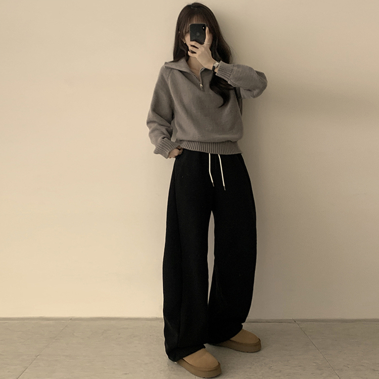 새콤달콤 겨울 카라 반집업 세미 크롭 오버핏 긴팔 폴라 캐주얼 기본 니트 4color 그레이